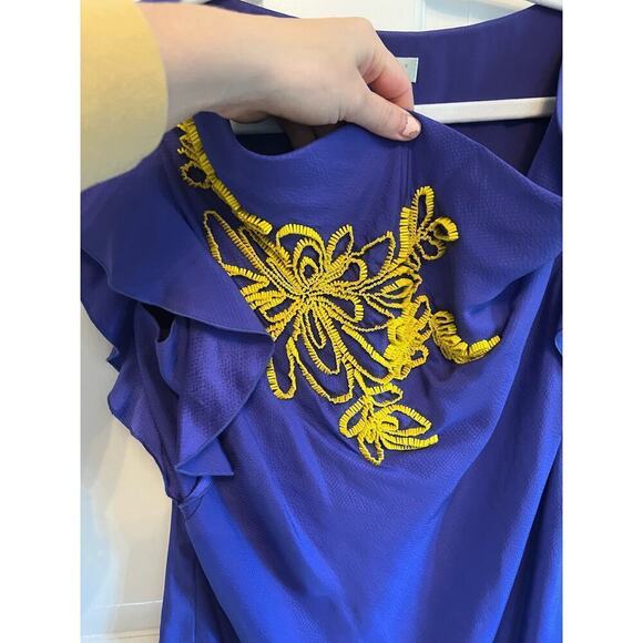 Beth Bowley Purple Beaded Floral Yellow Flutter Sleeve Top Slinky Women's M - Picture 3 of 13